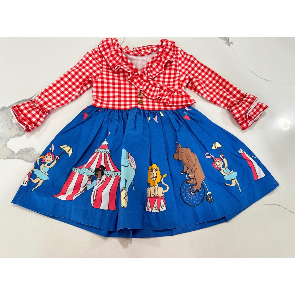 Eleanor Rose Size 2‎ Red Gingham Blue Circus Print Ruffle Long Sleeve Dress